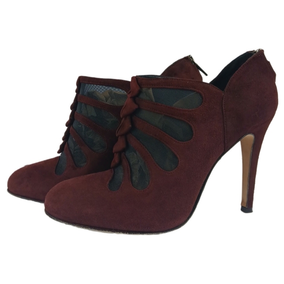 Sarah Flint Burgundy Blake Ankle Boots Suede Booties Mesh Cutouts Pumps Heels - Picture 8 of 15
